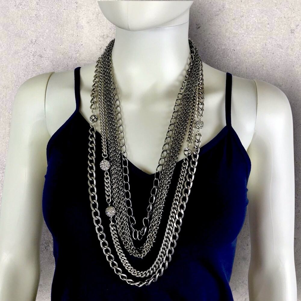 Lee Angel 4 Tier Necklace Silver Tone Chains & Crystal Globe Layered Statement